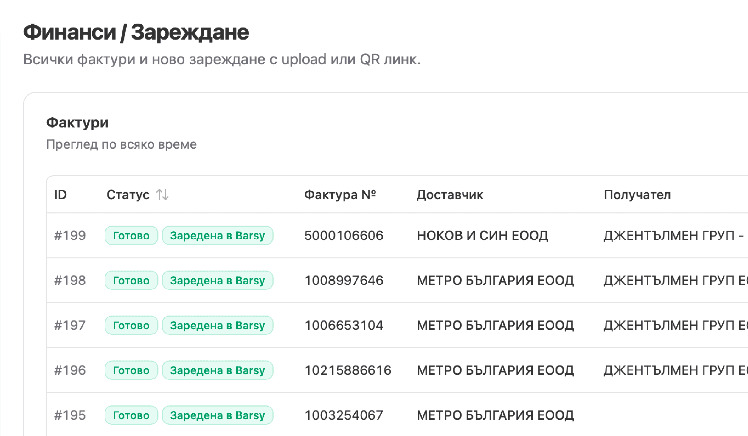 Фактури, прочетени от AI — екран от панела за управление на MenuMate